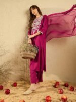 New Rani Pink Kurti with Pant & Dupatta – Embroidered Viscose Chanderi & Organza | My Fashion - Image 3