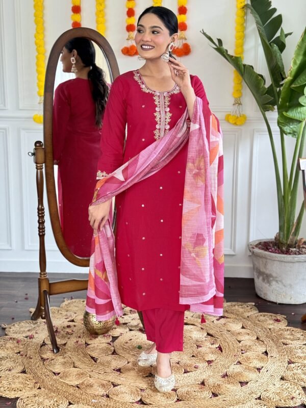 New Buy Rani Viscose Chanderi Kurta Set with Pant & Pure Linen Dupatta | My Fashion - Image 5