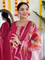 New Buy Rani Viscose Chanderi Kurta Set with Pant & Pure Linen Dupatta | My Fashion - Image 2