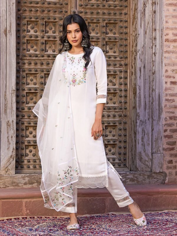 Women’s White Embroidered Viscose Chanderi Kurti Set with Dupatta| My Fashion - Image 6