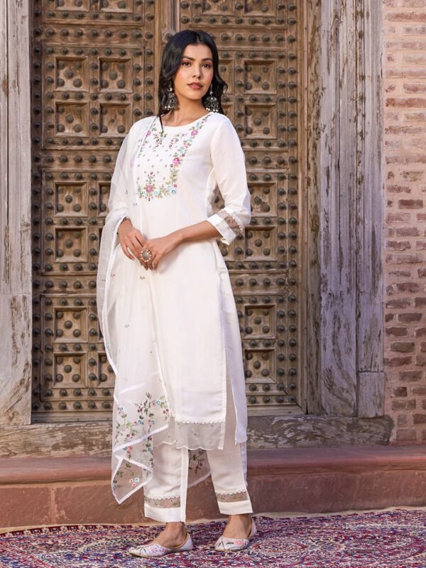 Women’s White Embroidered Viscose Chanderi Kurti Set with Dupatta| My Fashion - Image 5