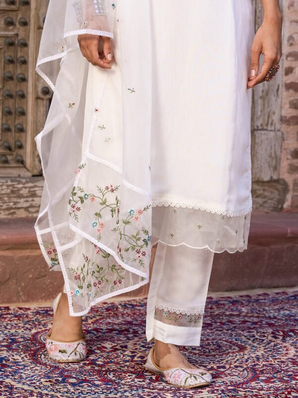 Women’s White Embroidered Viscose Chanderi Kurti Set with Dupatta| My Fashion - Image 4