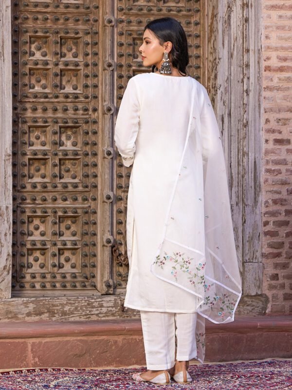 Women’s White Embroidered Viscose Chanderi Kurti Set with Dupatta| My Fashion - Image 3