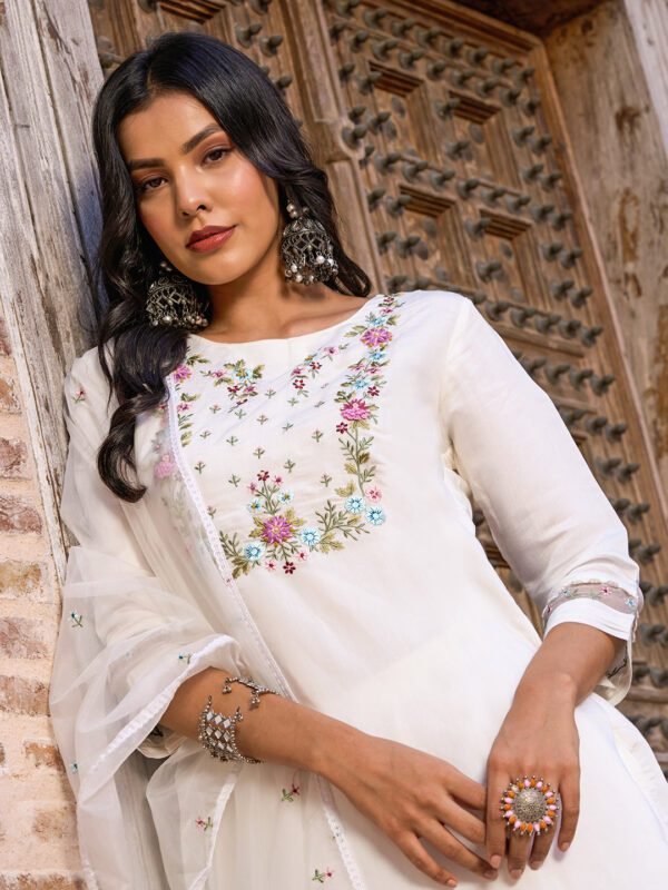 Women’s White Embroidered Viscose Chanderi Kurti Set with Dupatta| My Fashion - Image 2