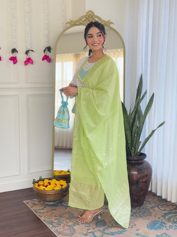 White Kurti with Pant Dupatta1 New White Kurti with Pant Dupatta – Embroidered Viscose Chanderi Set | My Fashion - Image 7