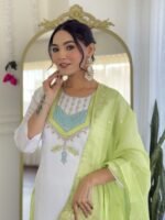 New White Kurti with Pant Dupatta – Embroidered Viscose Chanderi Set | My Fashion - Image 2