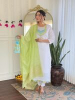 New White Kurti with Pant Dupatta – Embroidered Viscose Chanderi Set | My Fashion - Image 5