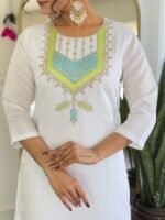 New White Kurti with Pant Dupatta – Embroidered Viscose Chanderi Set | My Fashion - Image 4