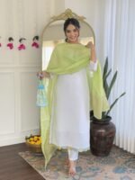 New White Kurti with Pant Dupatta – Embroidered Viscose Chanderi Set | My Fashion - Image 3