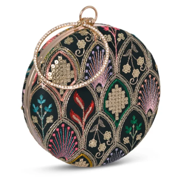 women designer clutches99 ✨ Luxury Designer Round Ethnic Clutch – Big Size Wedding & Party Handbag | My Fashion - Image 3