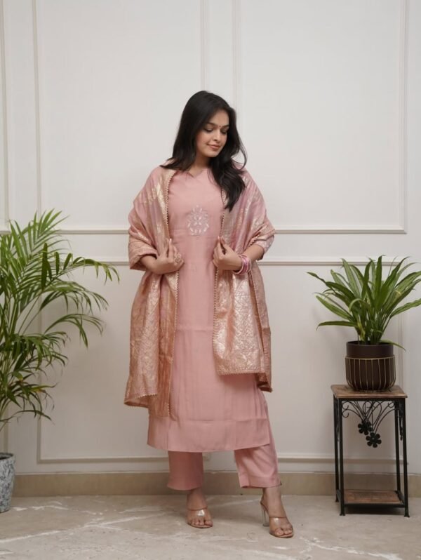 Chanderi Embroidered Kurti Set2 Elegant PV Chanderi Embroidered Kurti Set | Kurti with Pant & Cotton Jacquard Dupatta by My Fashion - Image 6