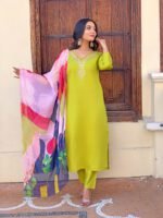 Lemon Yellow Rayon Embroidered Kurti Set | Kurta with Pant & Printed Dupatta by My Fashion - Image 10