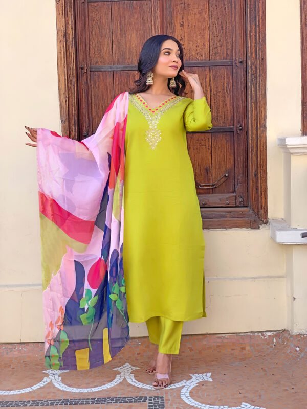Lemon Yellow Rayon Embroidered Kurti Set10 Lemon Yellow Rayon Embroidered Kurti Set | Kurta with Pant & Printed Dupatta by My Fashion - Image 10