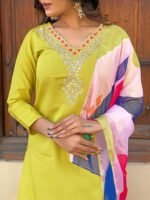 Lemon Yellow Rayon Embroidered Kurti Set | Kurta with Pant & Printed Dupatta by My Fashion - Image 3