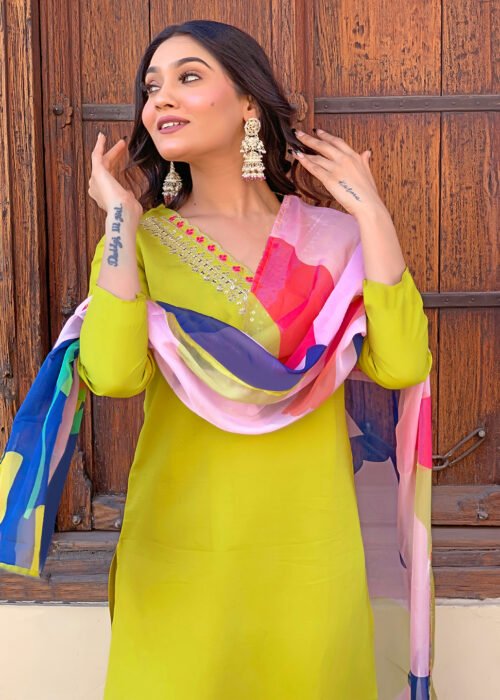 Lemon Yellow Rayon Embroidered Kurti Set