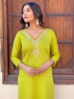 Lemon Yellow Rayon Embroidered Kurti Set | Kurta with Pant & Printed Dupatta by My Fashion - Image 6