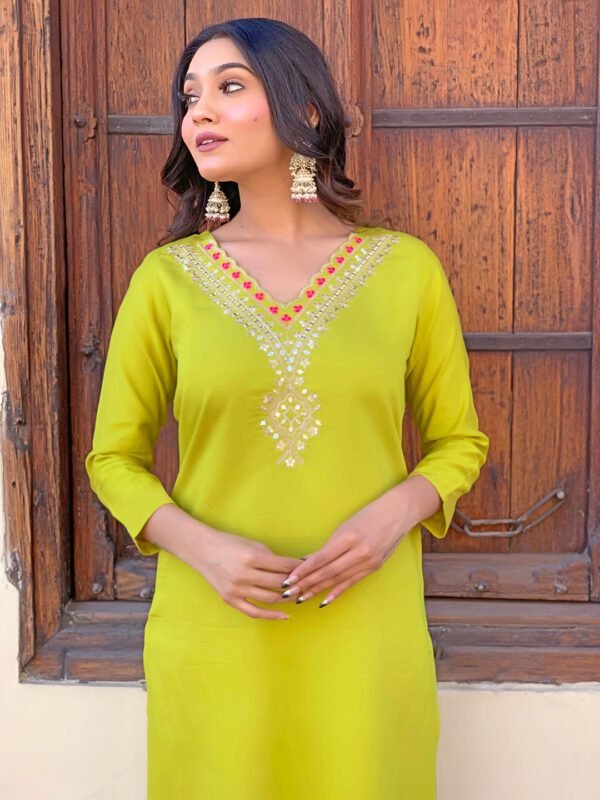 Lemon Yellow Rayon Embroidered Kurti Set6 Lemon Yellow Rayon Embroidered Kurti Set | Kurta with Pant & Printed Dupatta by My Fashion - Image 6