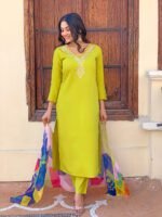 Lemon Yellow Rayon Embroidered Kurti Set | Kurta with Pant & Printed Dupatta by My Fashion - Image 9
