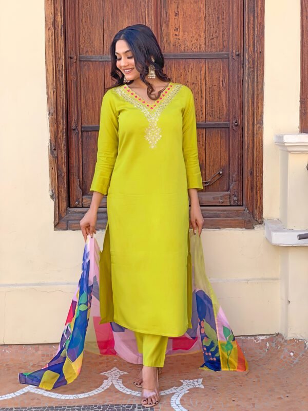 Lemon Yellow Rayon Embroidered Kurti Set9 Lemon Yellow Rayon Embroidered Kurti Set | Kurta with Pant & Printed Dupatta by My Fashion - Image 9