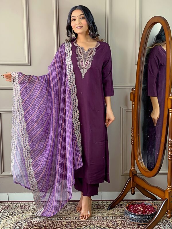 Vissilk-embroidered-kurti-setcose Rayon Embroidered Kurti Set1 Elegant Viscose Silk Embroidered Kurti Set | Kurta with Pant & Silk Printed Dupatta by My Fashion - Image 9