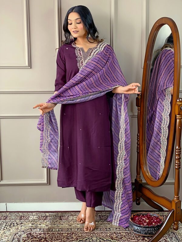 Vissilk-embroidered-kurti-setcose Rayon Embroidered Kurti Set3 Elegant Viscose Silk Embroidered Kurti Set | Kurta with Pant & Silk Printed Dupatta by My Fashion - Image 2