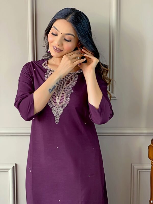 Vissilk-embroidered-kurti-setcose Rayon Embroidered Kurti Set7 Elegant Viscose Silk Embroidered Kurti Set | Kurta with Pant & Silk Printed Dupatta by My Fashion - Image 6