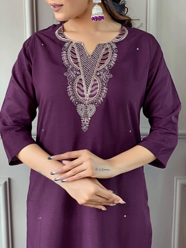 Vissilk-embroidered-kurti-setcose Rayon Embroidered Kurti Set8 Elegant Viscose Silk Embroidered Kurti Set | Kurta with Pant & Silk Printed Dupatta by My Fashion - Image 7