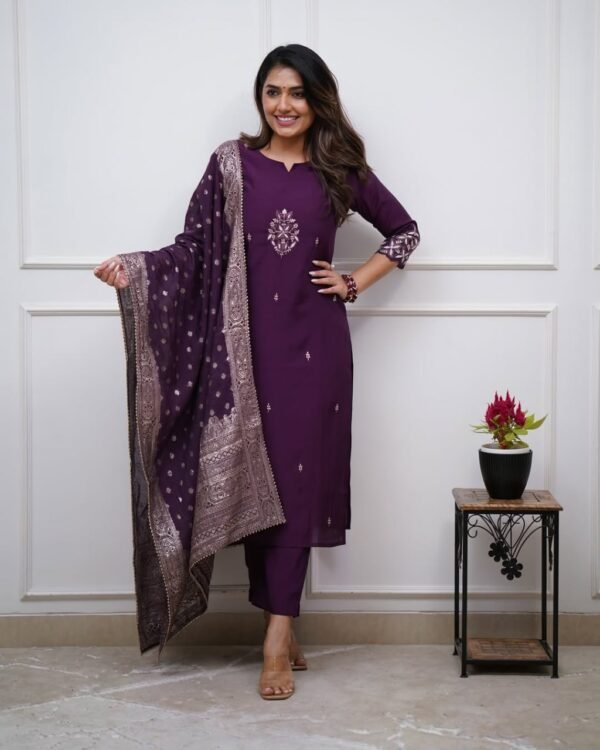 Wine Chanderi Embroidered Kurti Set2 Elegant PV Chanderi Embroidered Kurti Set | Kurti with Pant & Cotton Jacquard Dupatta by My Fashion - Image 4