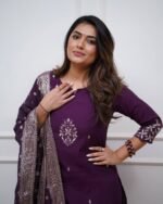 Wine Chanderi Embroidered Kurti Set
