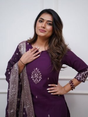 Wine Chanderi Embroidered Kurti Set