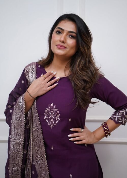 Wine Chanderi Embroidered Kurti Set