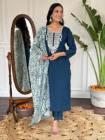 Elegant Women’s Liril & Petrol Slub Magic Embroidered Kurti Set with Pant & Dupatta by My Fashion - Image 5