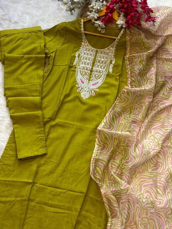 photo_6077726135610884515_y Elegant Women’s Liril & Petrol Slub Magic Embroidered Kurti Set with Pant & Dupatta by My Fashion - Image 17