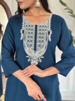 Elegant Women’s Liril & Petrol Slub Magic Embroidered Kurti Set with Pant & Dupatta by My Fashion - Image 8