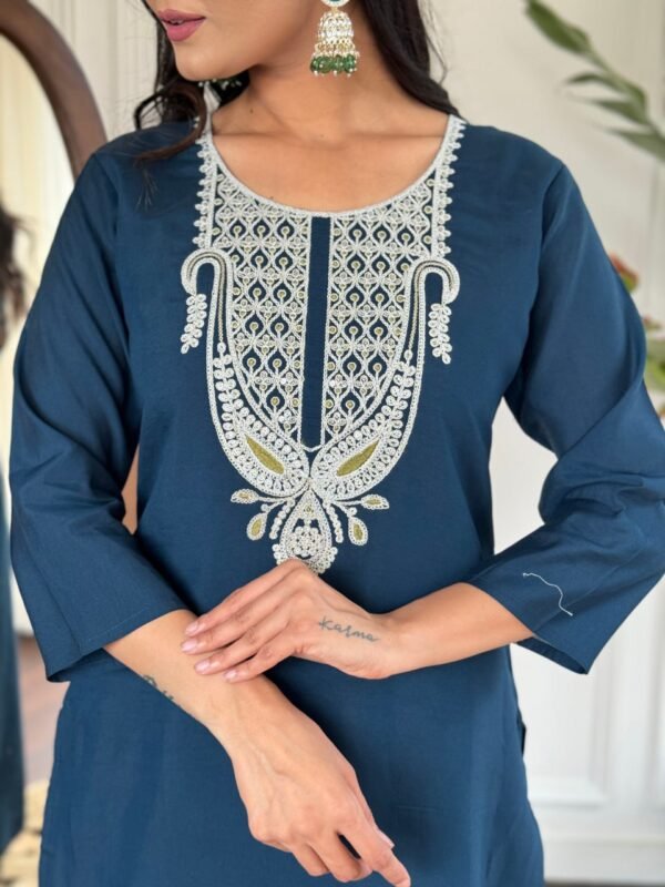 photo_6077726135610884530_y Elegant Women’s Liril & Petrol Slub Magic Embroidered Kurti Set with Pant & Dupatta by My Fashion - Image 8