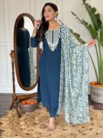 Elegant Women’s Liril & Petrol Slub Magic Embroidered Kurti Set with Pant & Dupatta by My Fashion - Image 7
