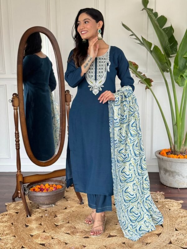 photo_6077726135610884532_y Elegant Women’s Liril & Petrol Slub Magic Embroidered Kurti Set with Pant & Dupatta by My Fashion - Image 6