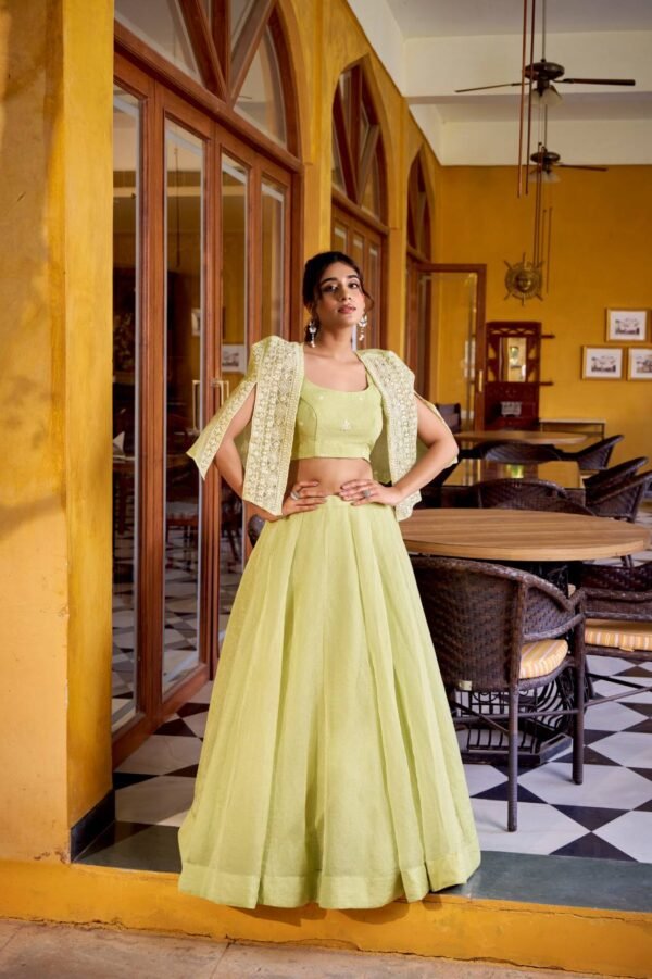 Pastel Pista Green Embroidered Lehenga Choli with Koti for Women1