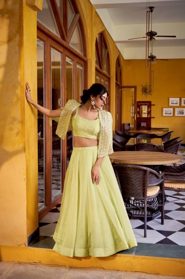 Pastel Pista Green Embroidered Lehenga Choli with Koti for Women4